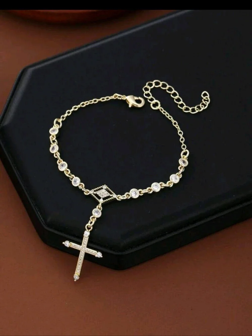 Gold Cross Charm Bracelet with Clear Stones